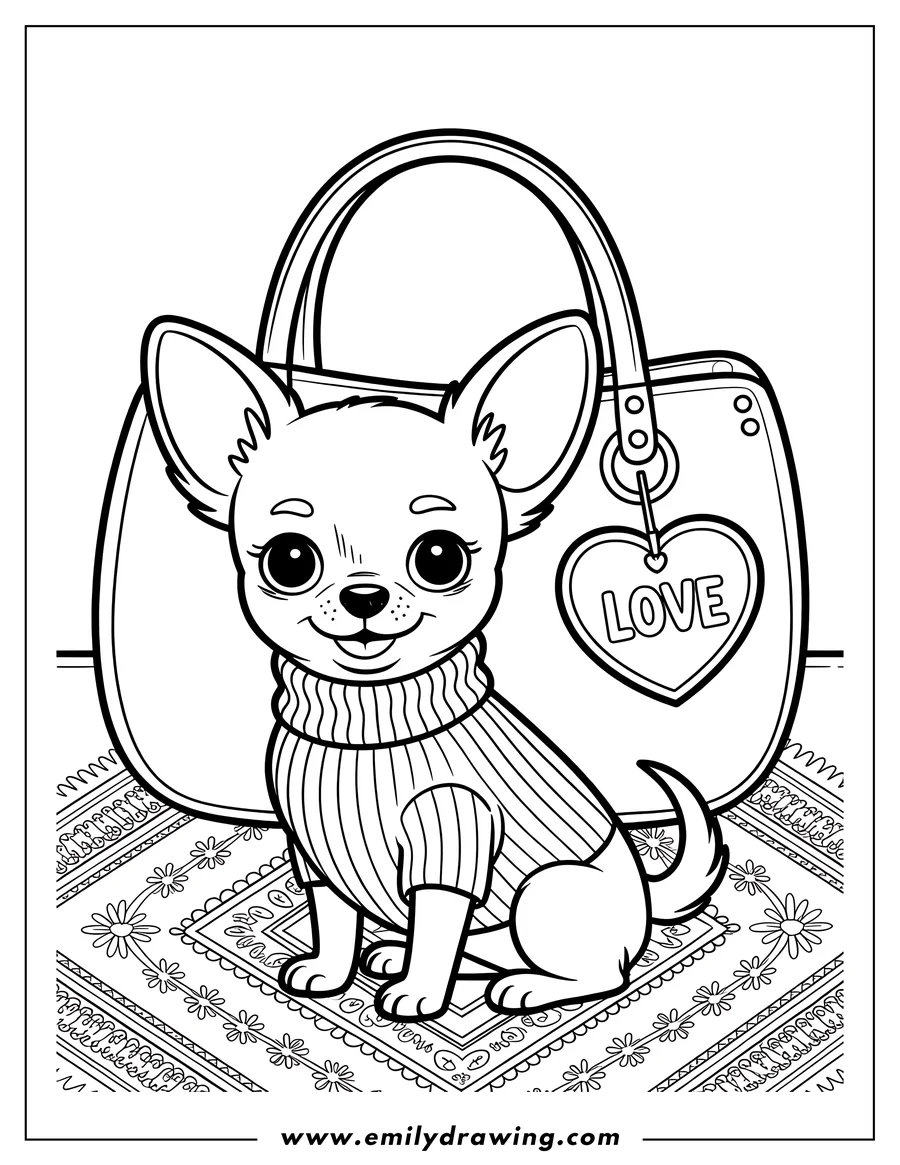 Outline of a chihuahua wearing a striped sweater, sitting next to a purse with a heart-shaped tag that says LOVE.