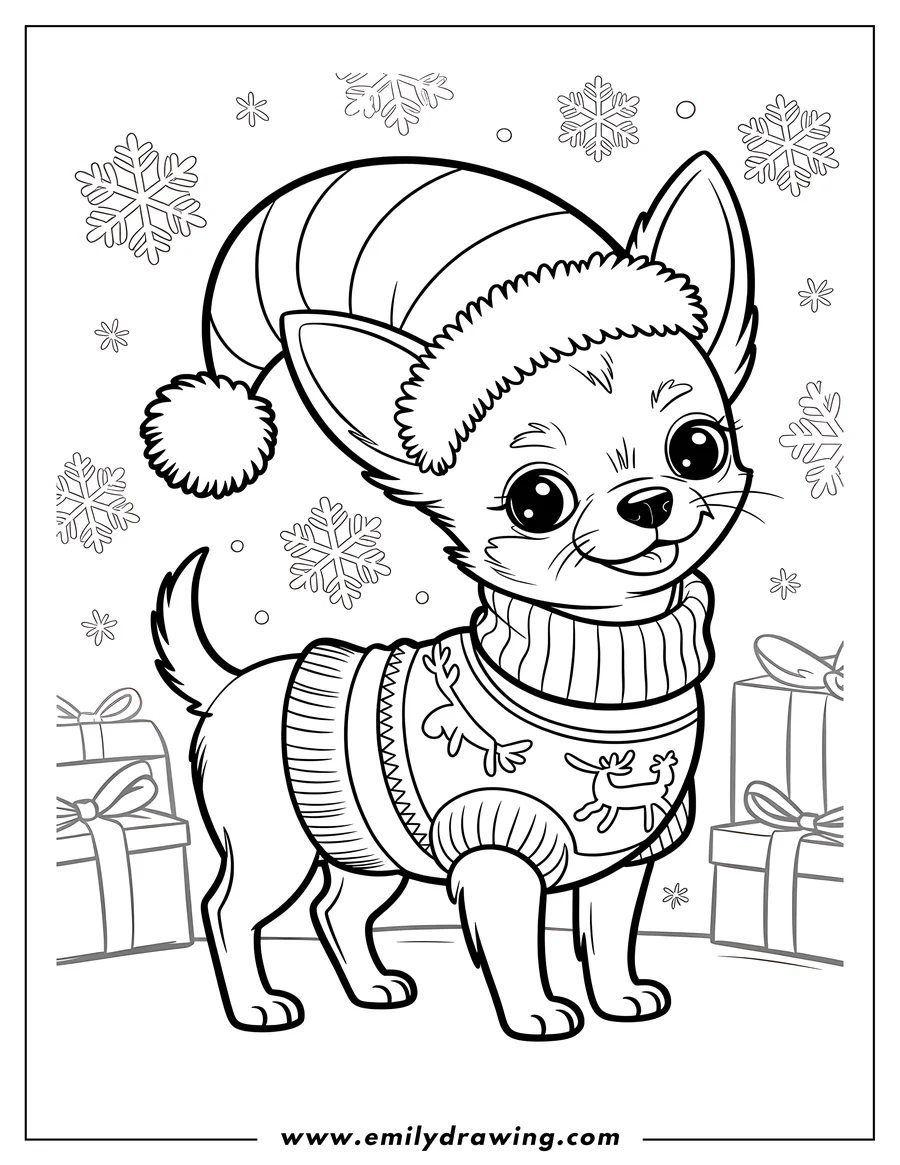 Line art of a chihuahua wearing a Christmas sweater with a reindeer design and a bobble hat, standing near wrapped presents. Snowflakes decorate the background.