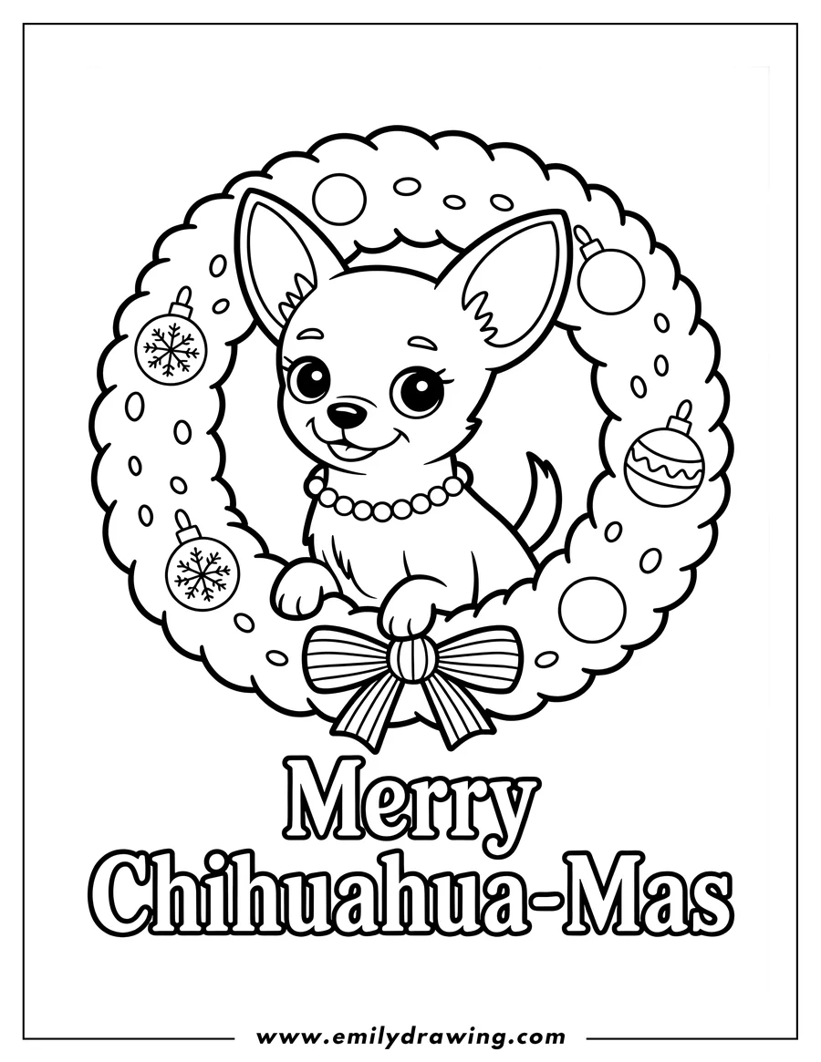 Outline of a chihuahua sitting in a Christmas wreath decorated with ornaments and a bow.