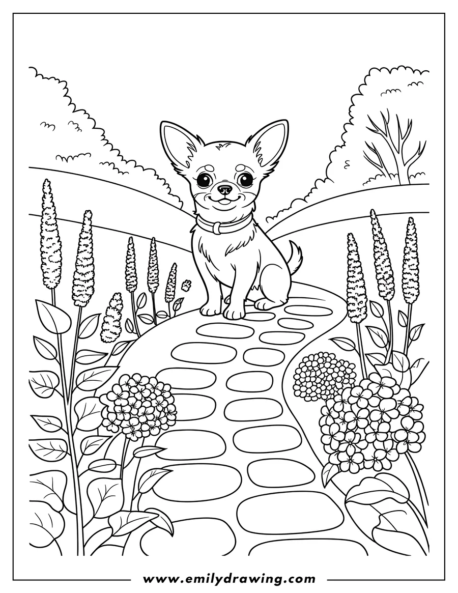 Outline of a chihuahua standing on a garden path lined with flowers and plants. The chihuahua has a collar and is looking forward.