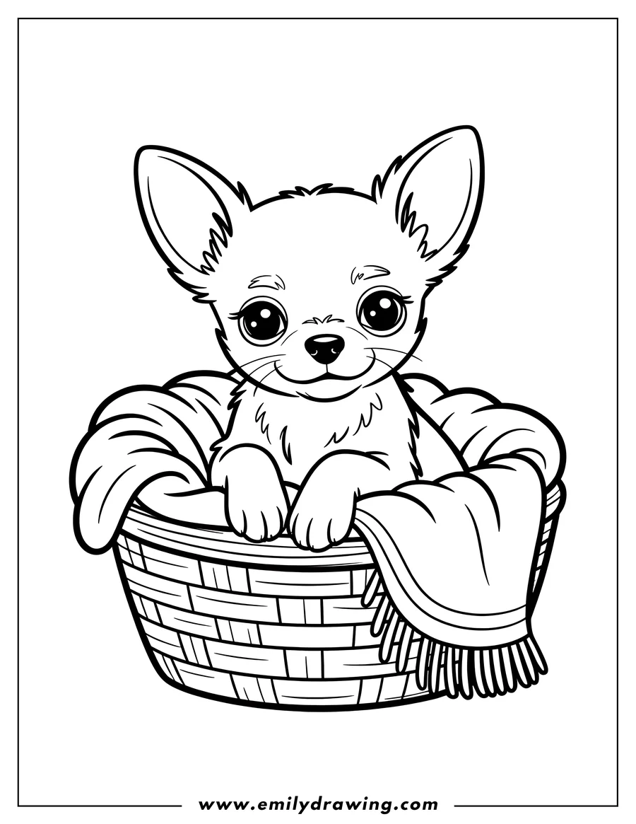 Outline of a chihuahua sitting in a basket with a blanket.