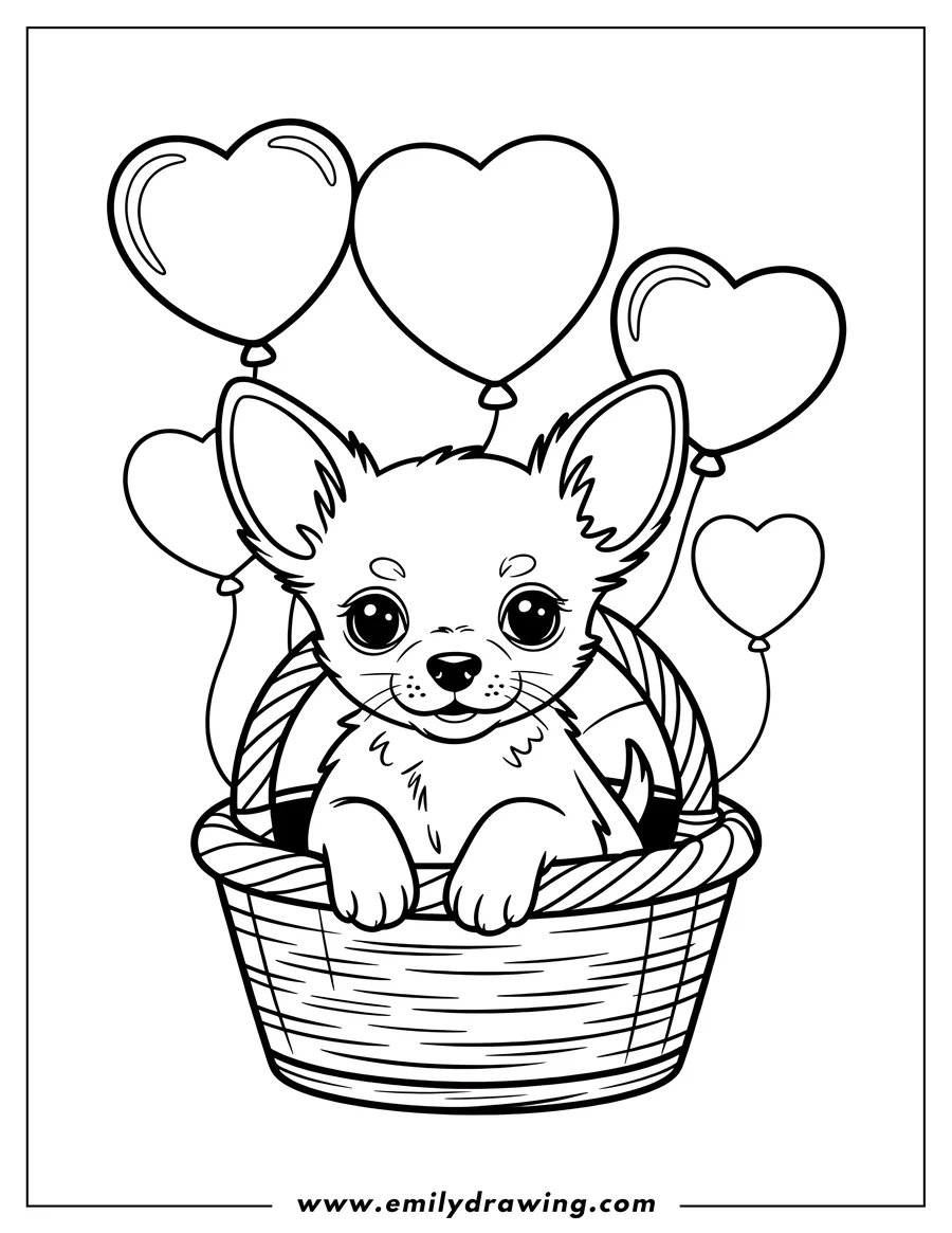 Outline of a chihuahua puppy sitting in a basket with heart-shaped balloons floating above.