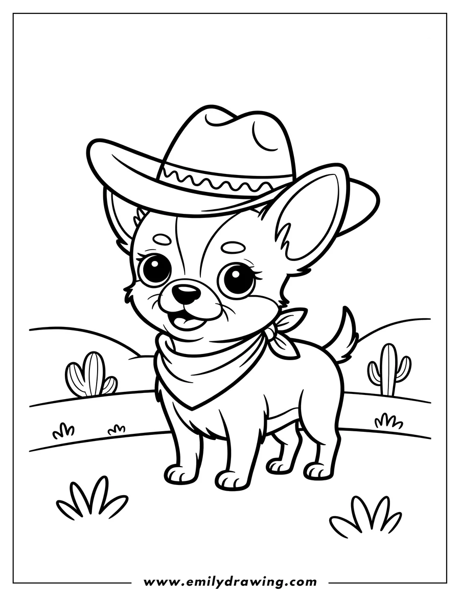 Line art of a Chihuahua wearing a cowboy hat and bandana, standing in a simple desert landscape with cacti.