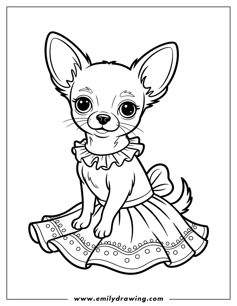 Outline of a chihuahua wearing a dress with a ruffled collar and a bow. 
