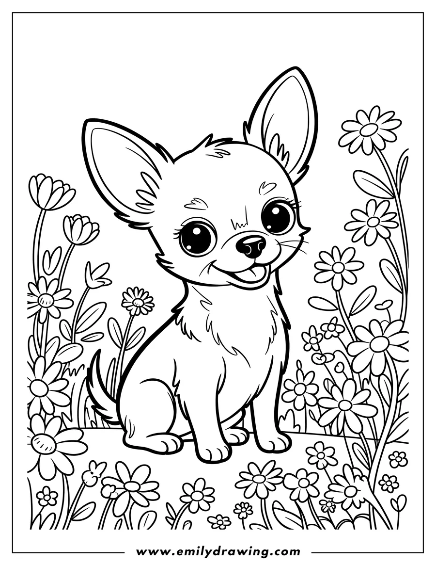 Outline of a chihuahua sitting in a field of flowers.