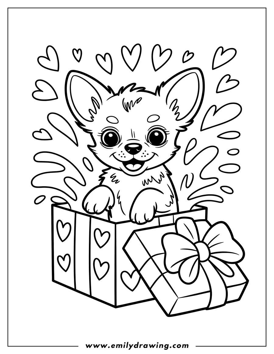 Outline of a cheerful Chihuahua puppy popping out of an open gift box decorated with hearts and a bow.