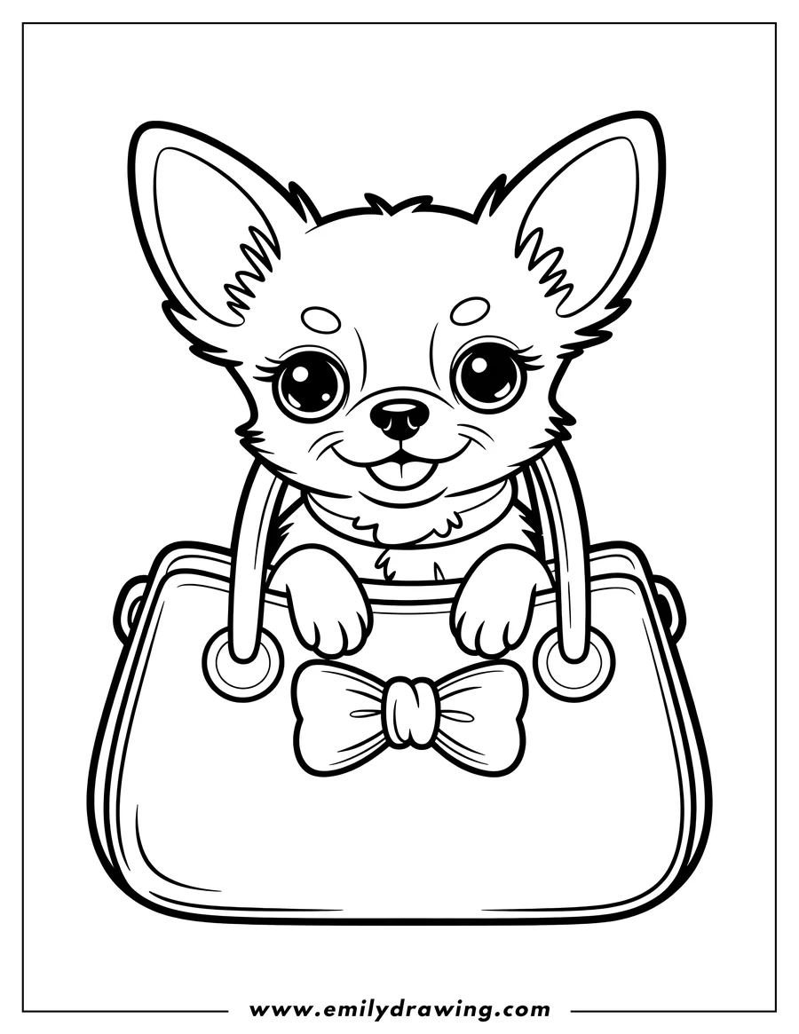 Outline of a chihuahua sitting in a purse with a bow on it.