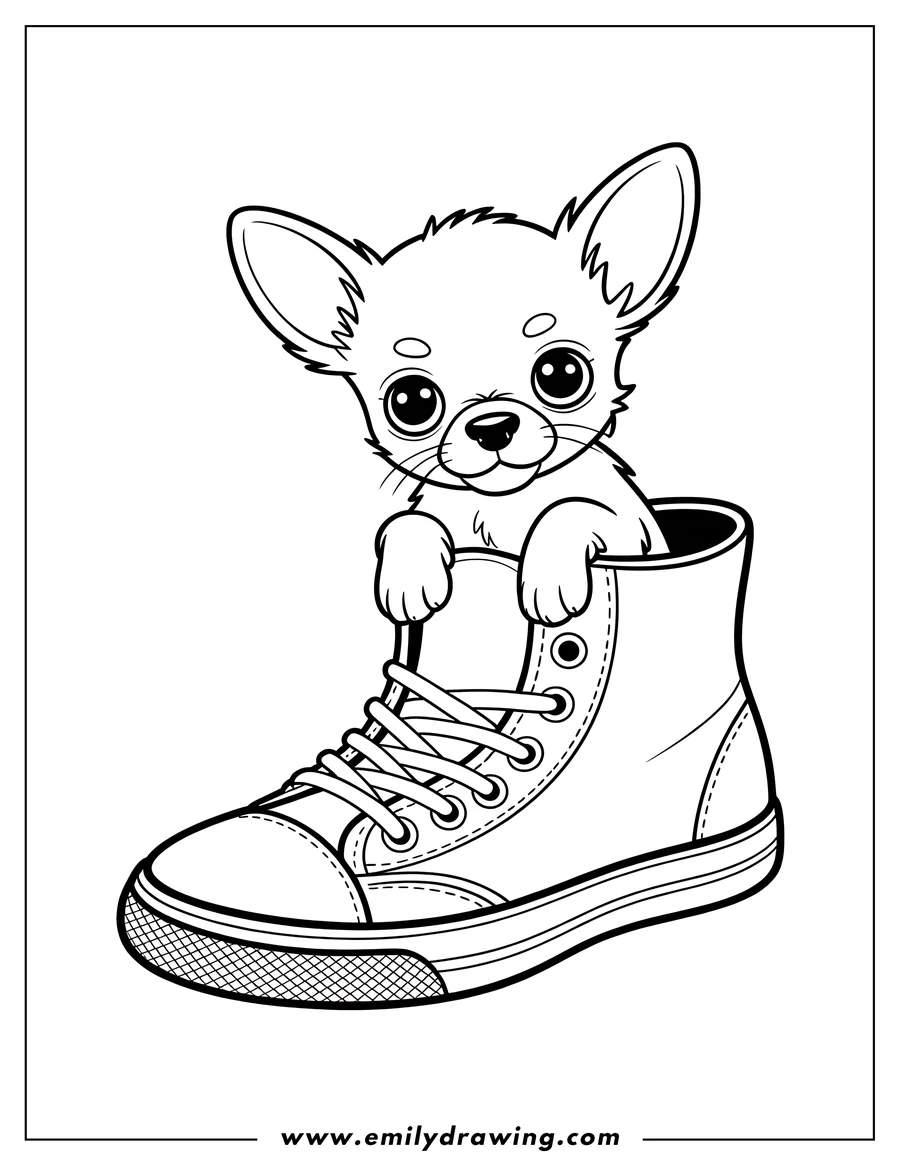 Outline of a small chihuahua puppy sitting inside a high-top shoe.