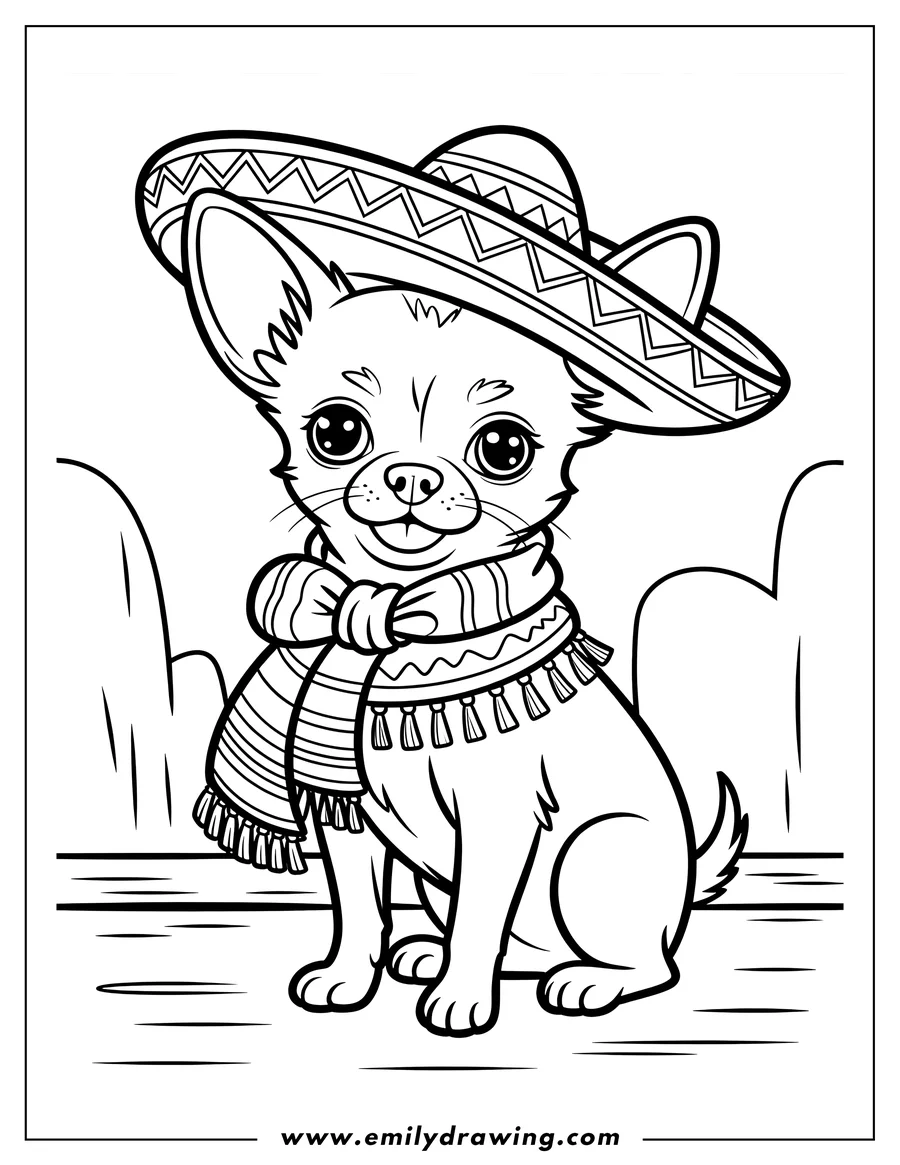 Line art of a Chihuahua wearing a sombrero and a fringed shawl.