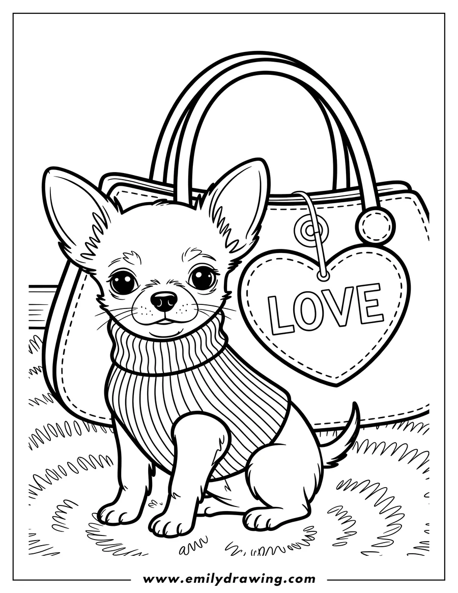 Outline of a chihuahua wearing a striped sweater sitting in front of a purse with a heart-shaped tag that says 'LOVE'