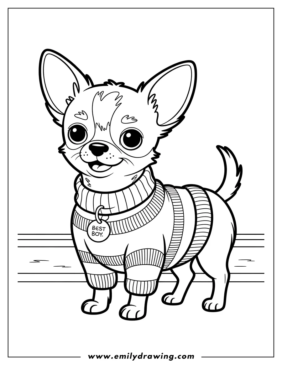 Outline of a chihuahua wearing a striped sweater and a 'Best Boy' tag.