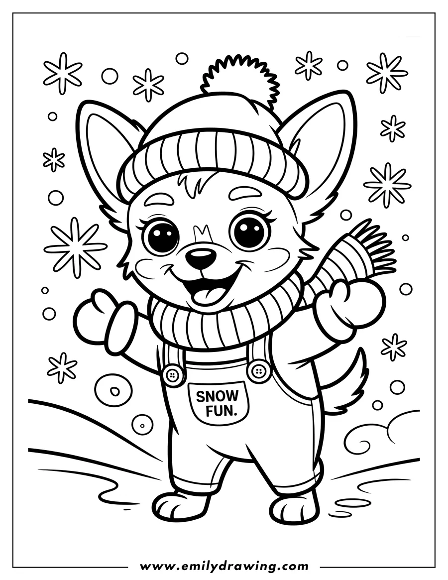 Line art of a chihuahua wearing a winter hat, scarf, mittens, and overalls, standing in the snow.