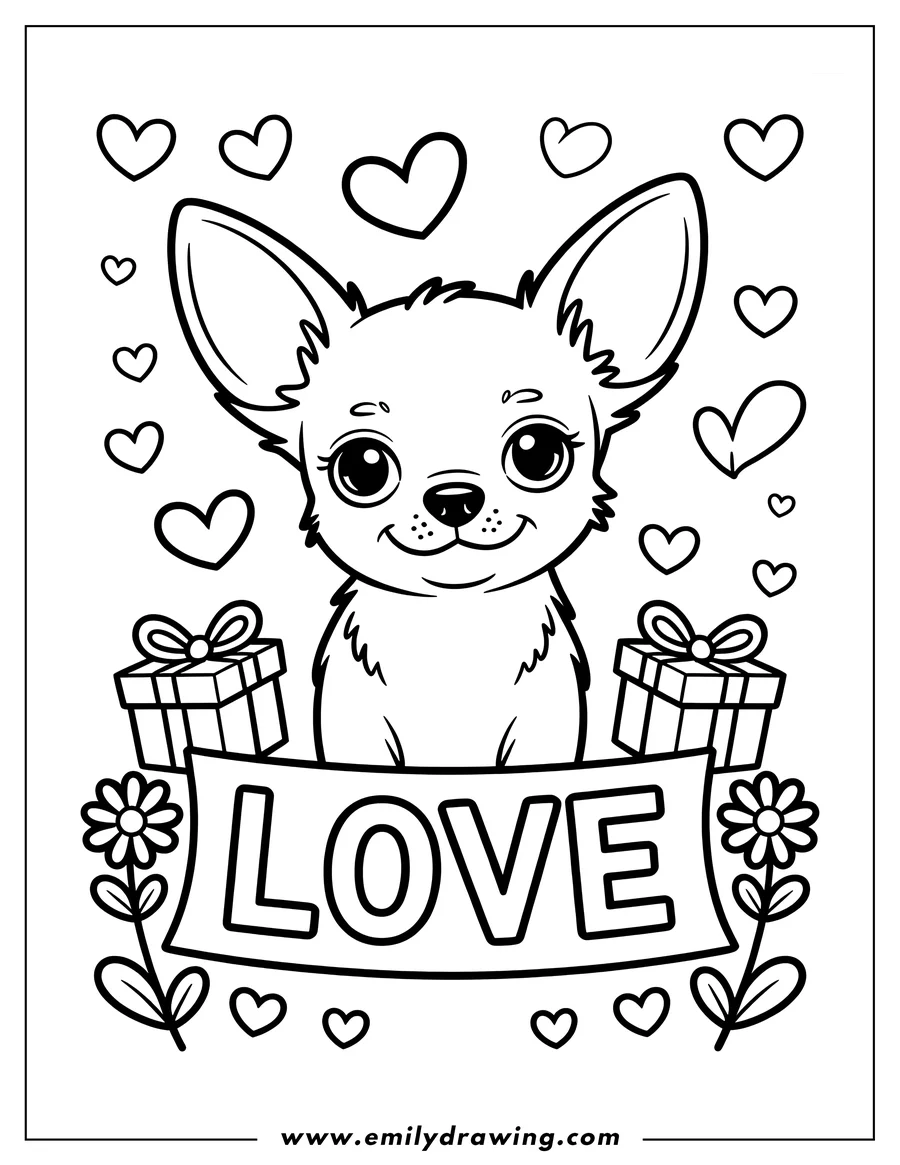 Outline of a chihuahua sitting behind a banner that says 'LOVE'. There are also presents, hearts, and flowers around the dog.
