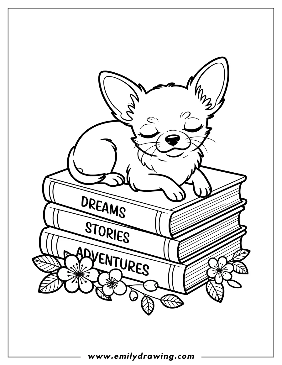 Outline of a Chihuahua sleeping on a stack of books decorated with flowers.