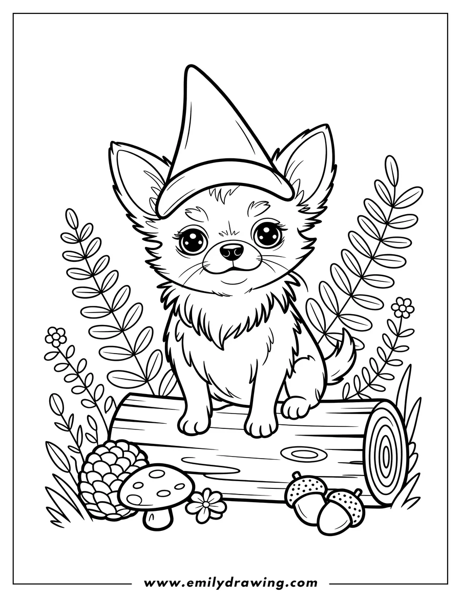 Line art of a chihuahua wearing a pointy hat and sitting on a log. There are acorns, a mushroom, and a pine cone near the log.