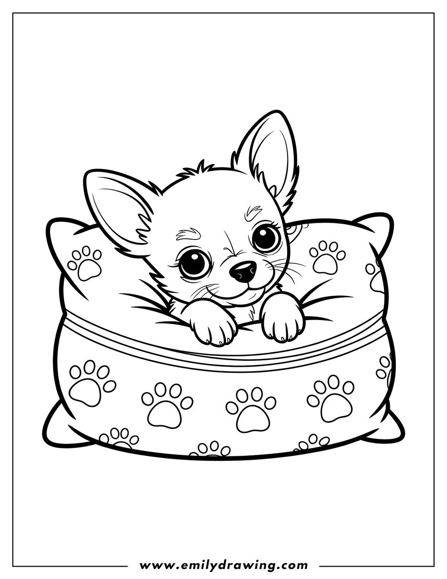 Outline of a chihuahua resting on a pillow decorated with paw prints.