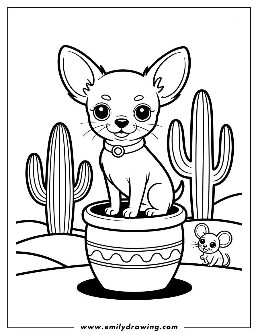 Outline of a chihuahua sitting on a decorated pot in a desert setting with cacti and a small mouse nearby.