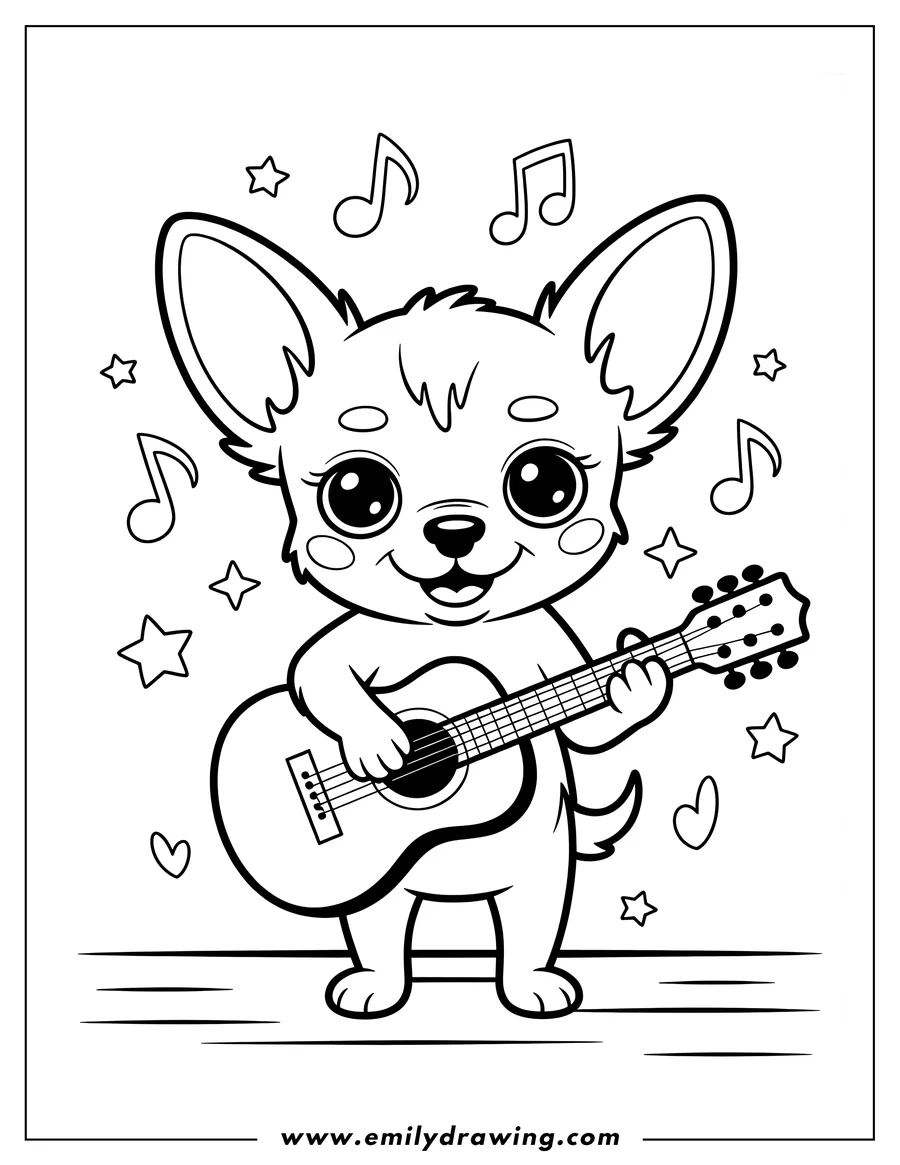 Outline of a chihuahua playing a guitar with musical notes and stars around it.