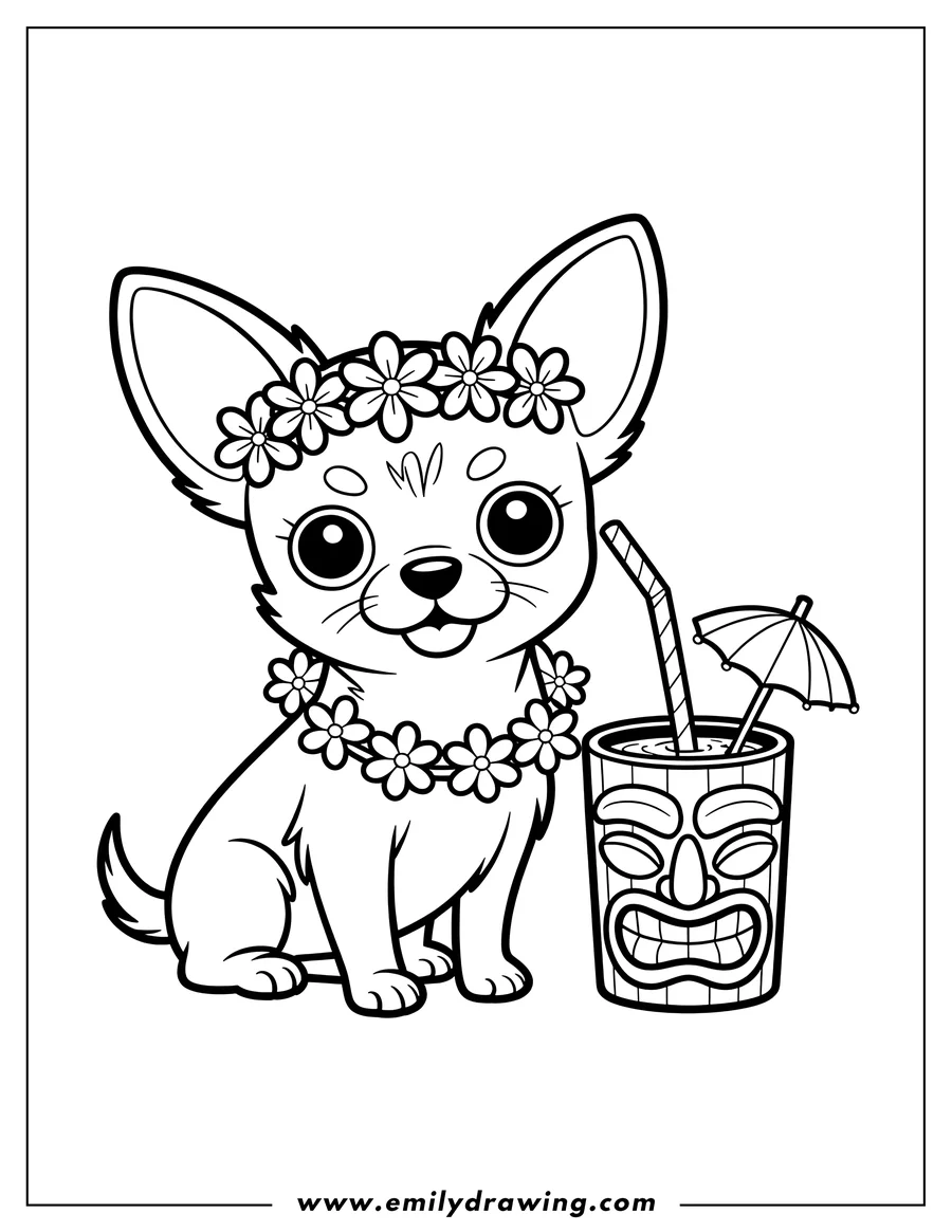 Line art of a chihuahua wearing flower leis and a flower crown, sitting next to a tiki drink with a small umbrella.