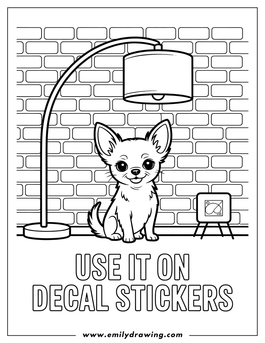 Line art of a chihuahua sitting under a lamp with a brick wall in the background.