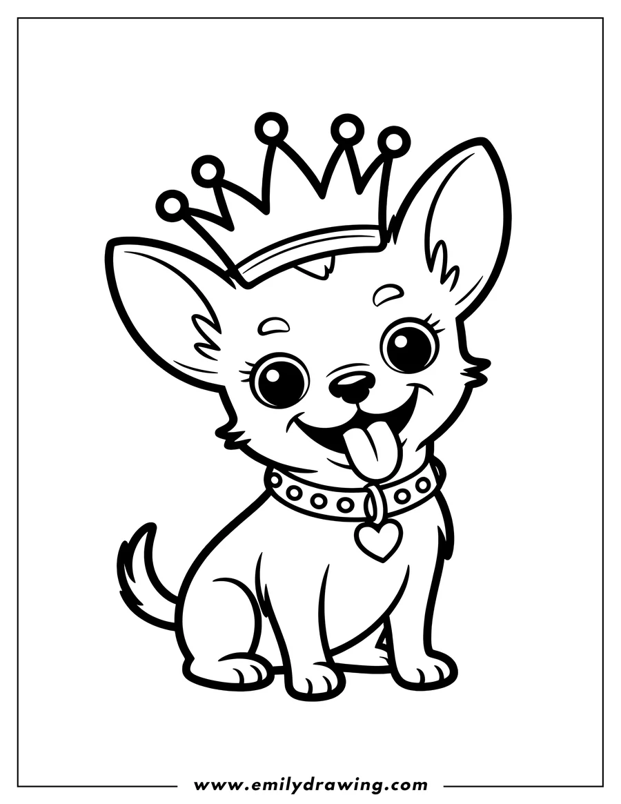Outline of a chihuahua wearing a crown and a collar with a heart-shaped tag.