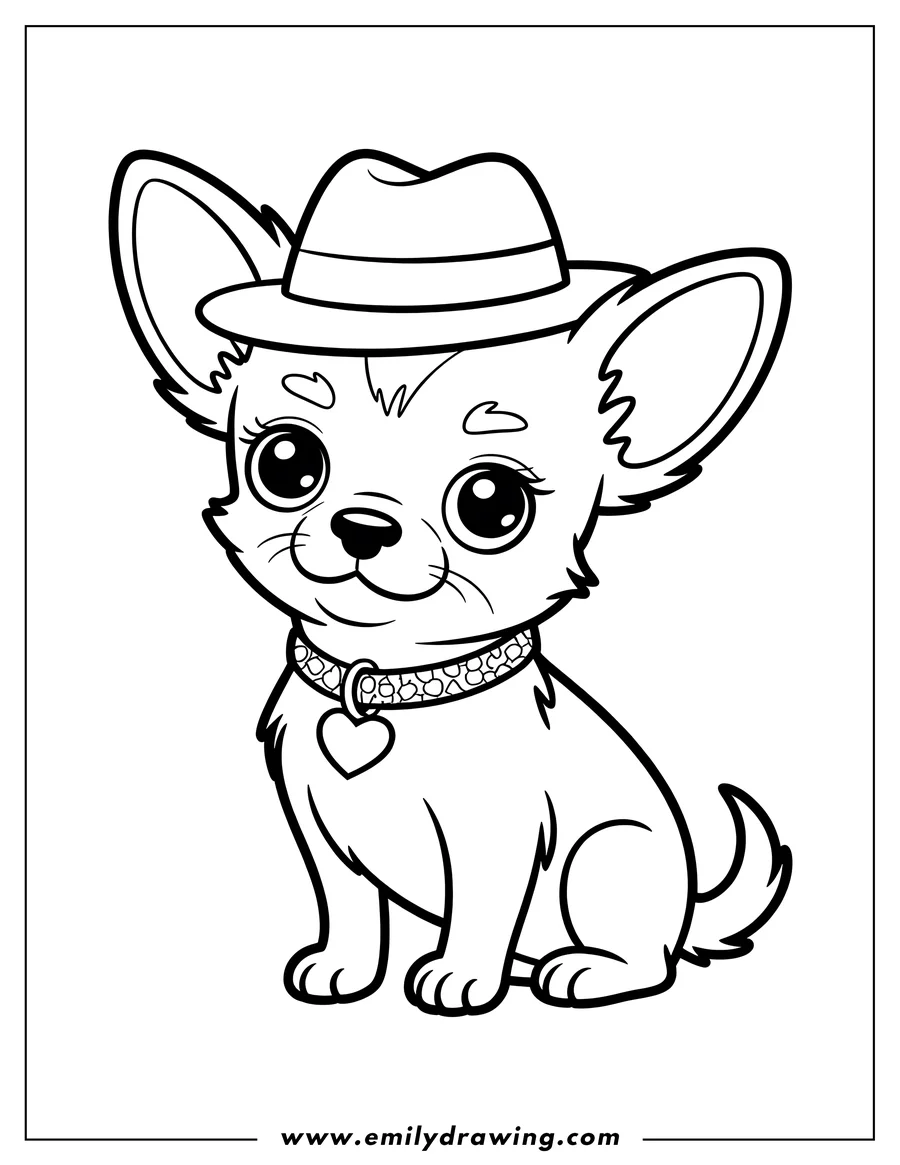 Line art of a chihuahua sitting and wearing a fedora and a collar with a heart-shaped tag.