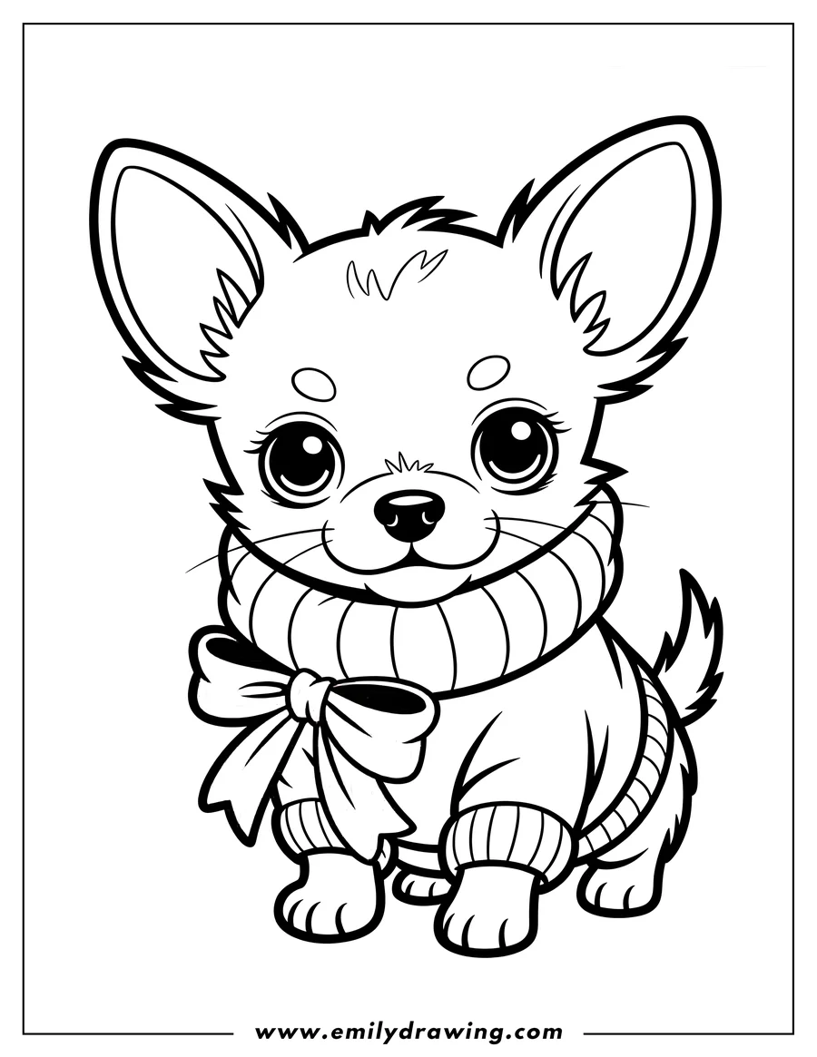 Outline of a chihuahua wearing a sweater with a bow. The chihuahua has large, expressive eyes and a small, happy smile.