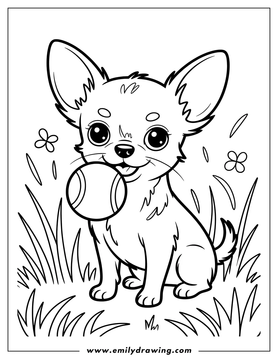 Line art of a chihuahua puppy sitting in the grass and holding a ball in its mouth.