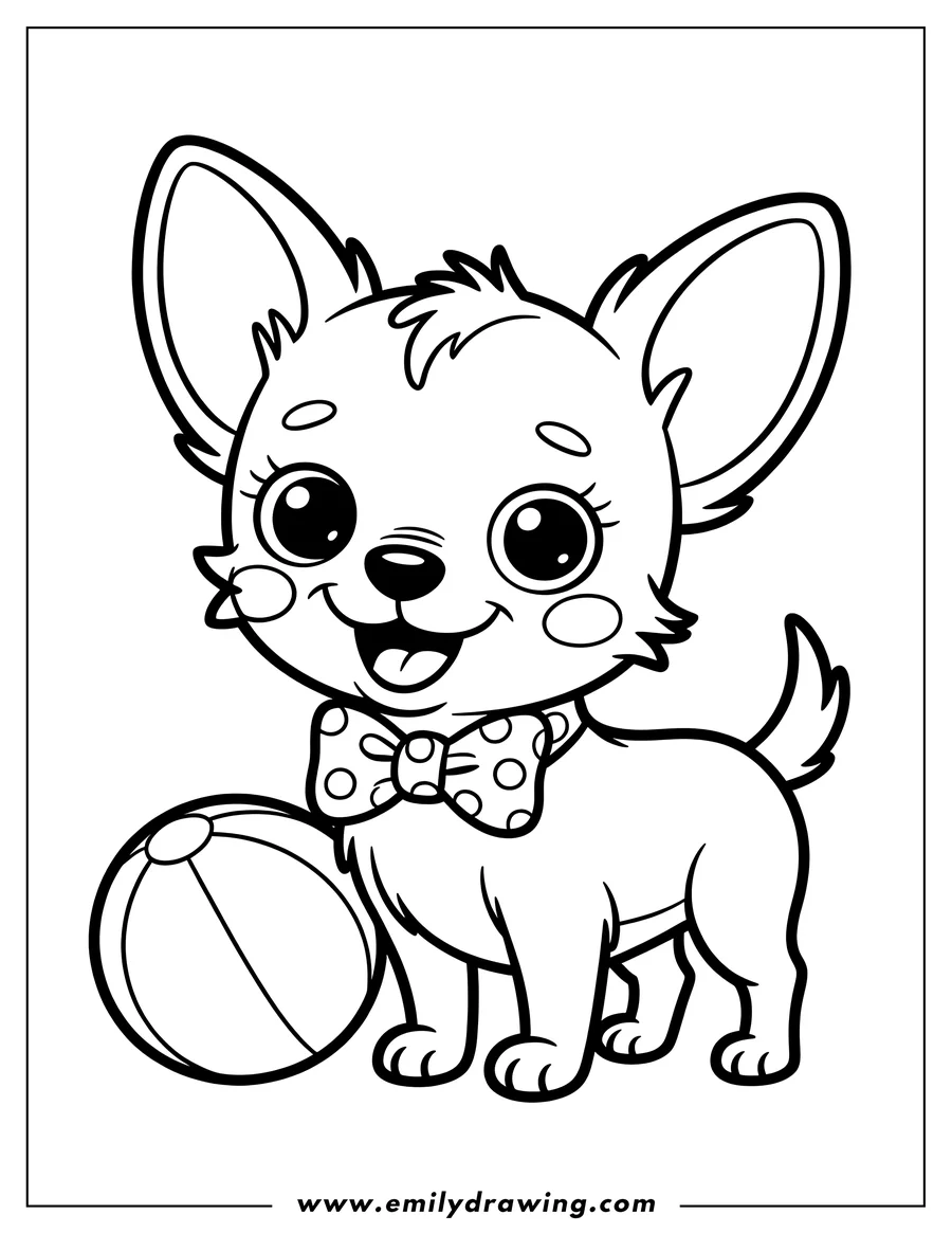 Outline of a chihuahua wearing a spotted bow tie and standing next to a beach ball.