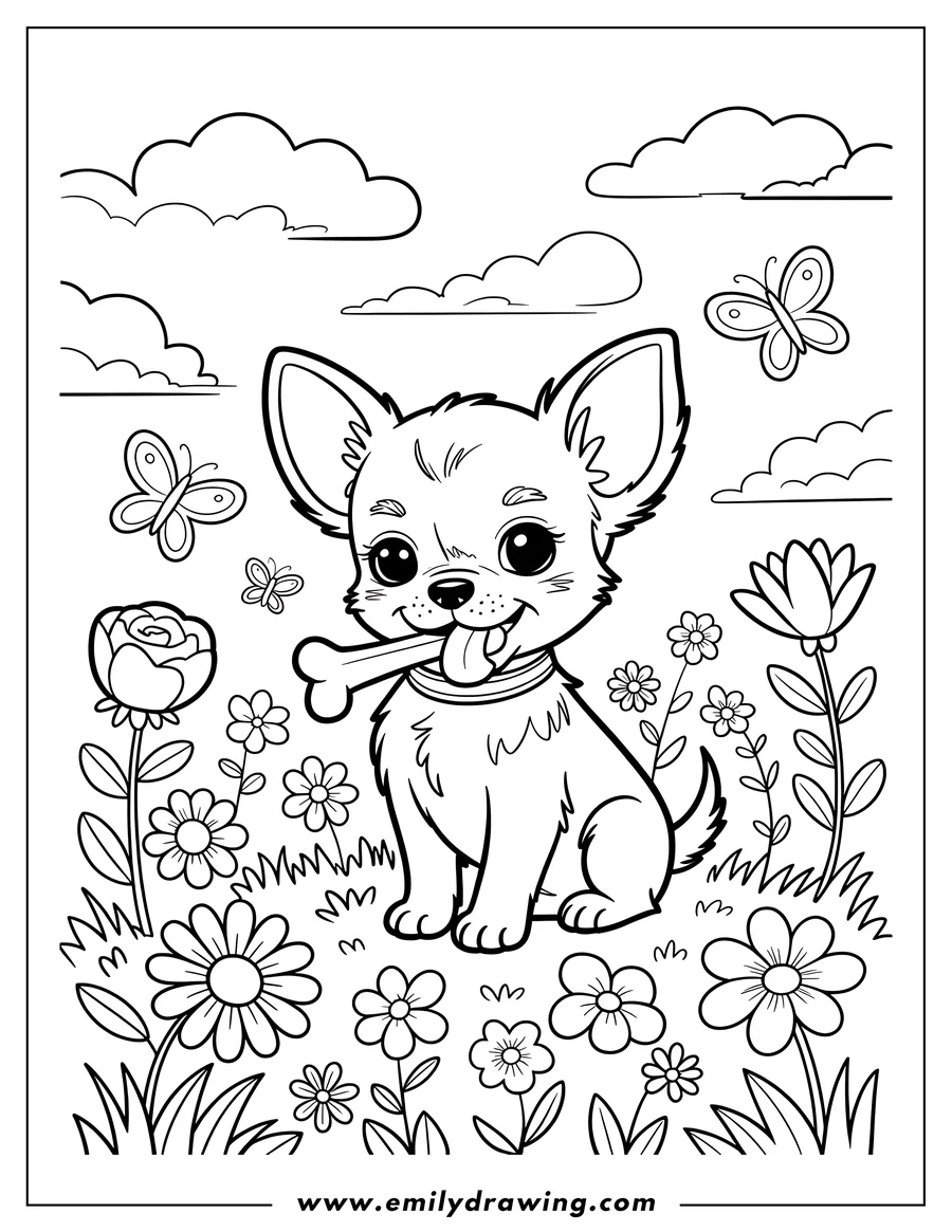 Line art of a chihuahua puppy sitting in a field of flowers with a bone in its mouth.  Butterflies flutter overhead.