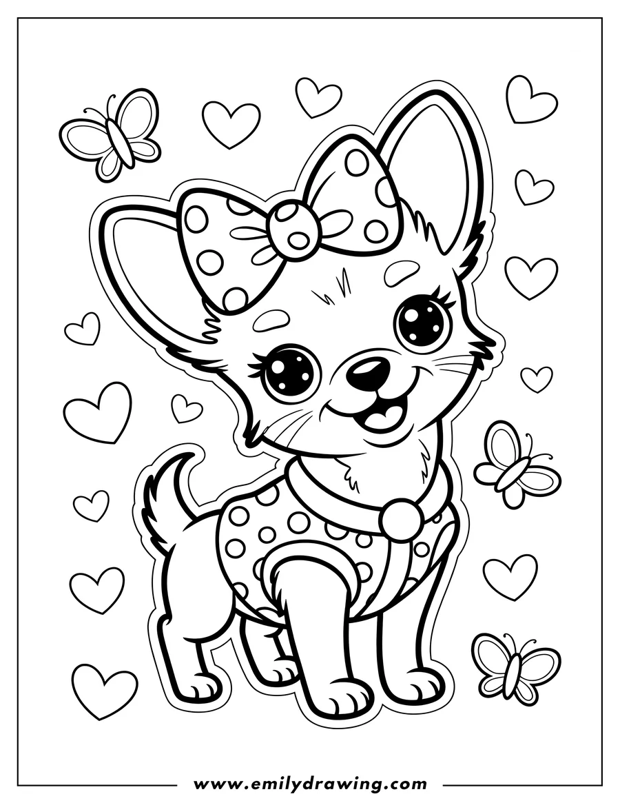 Line art of a chihuahua wearing a polka dot bow and outfit, surrounded by hearts and butterflies.
