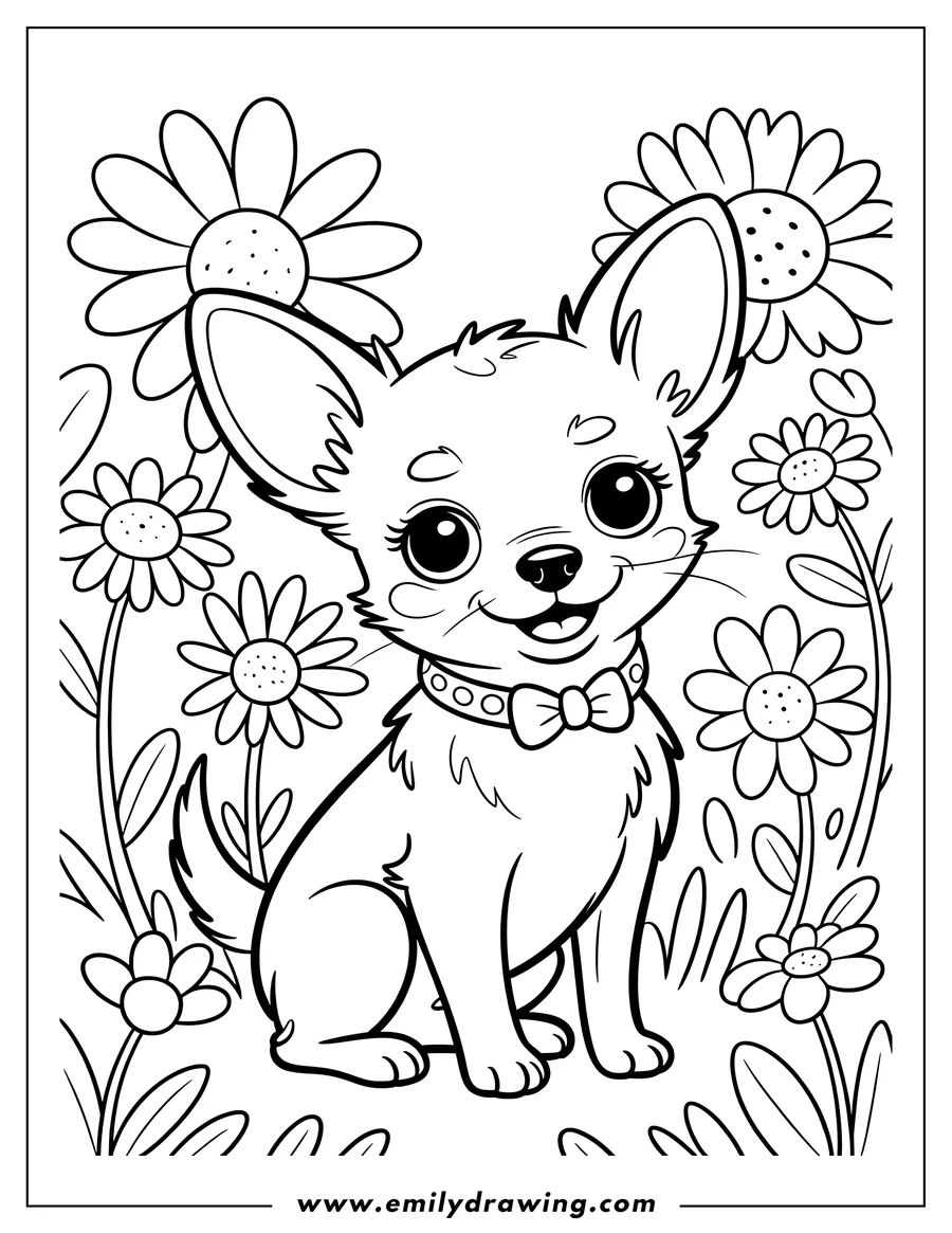Line art of a chihuahua wearing a bow tie, sitting in a field of flowers.