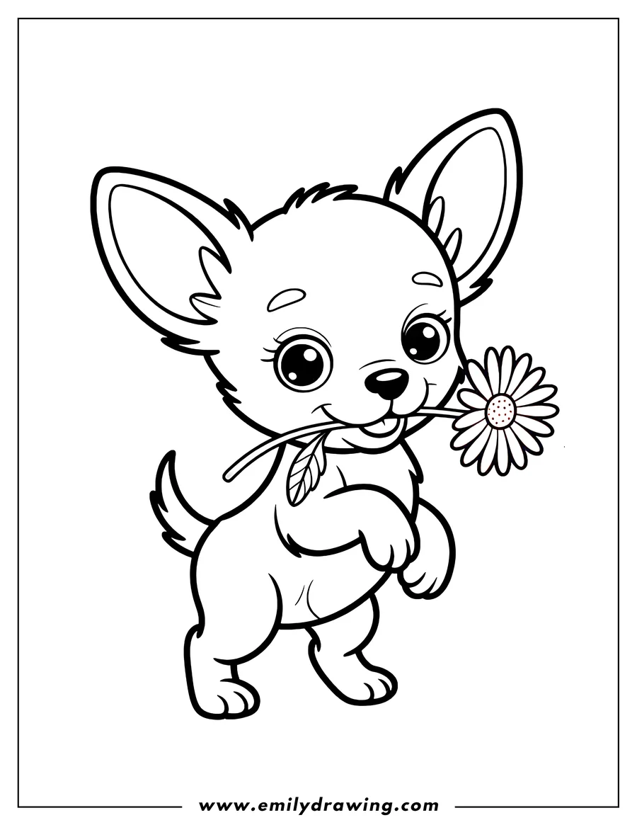 Line art of a chihuahua holding a flower in its mouth.
