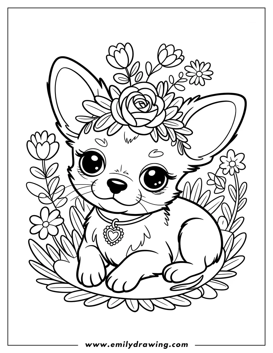 Line art of a chihuahua wearing a flower crown and heart necklace, surrounded by flowers.