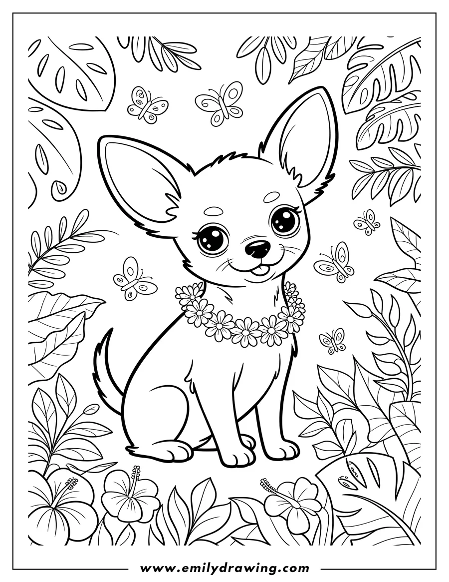 Outline of a Chihuahua wearing a flower lei, surrounded by tropical leaves and butterflies.
