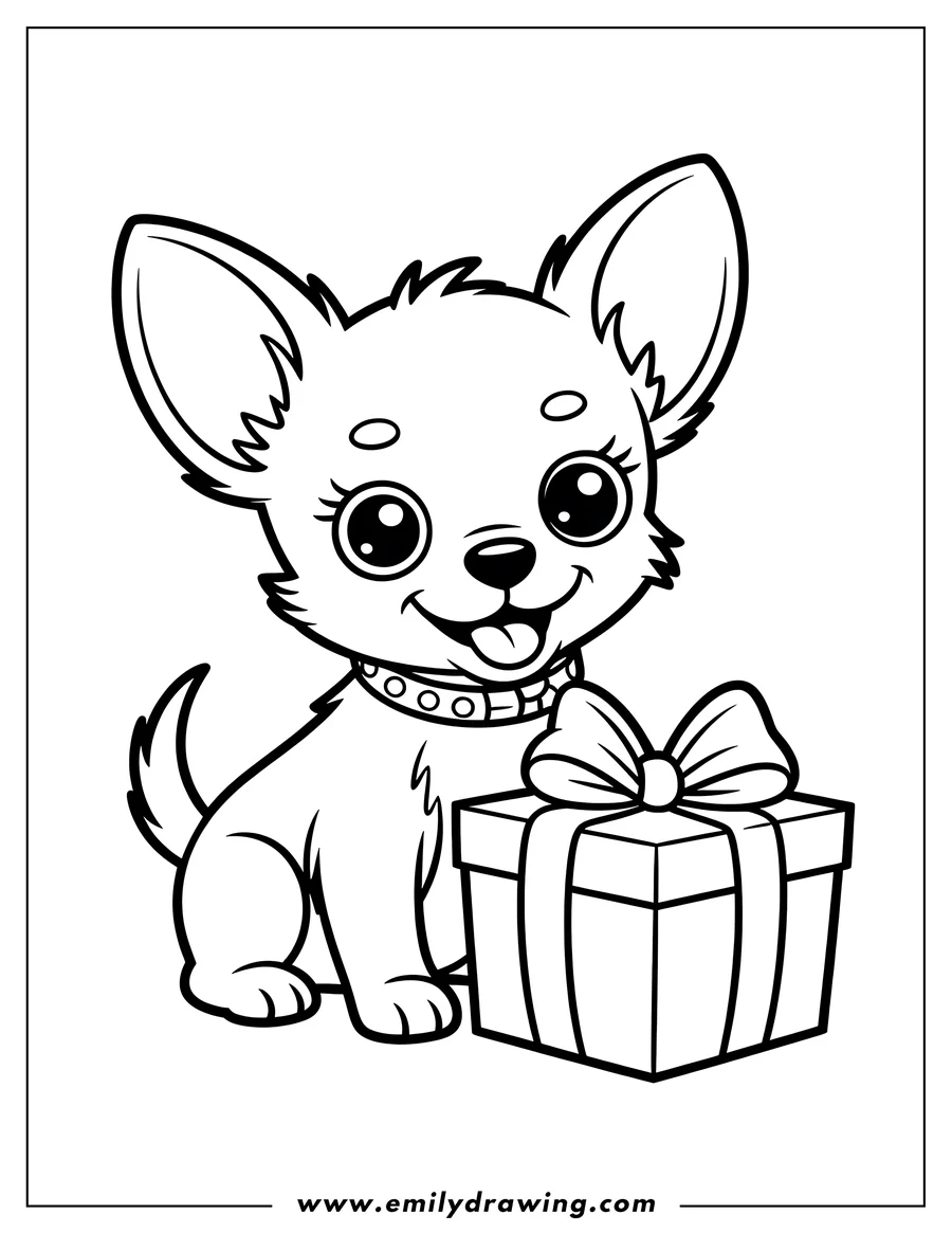 Outline of a chihuahua sitting next to a wrapped gift with a bow.