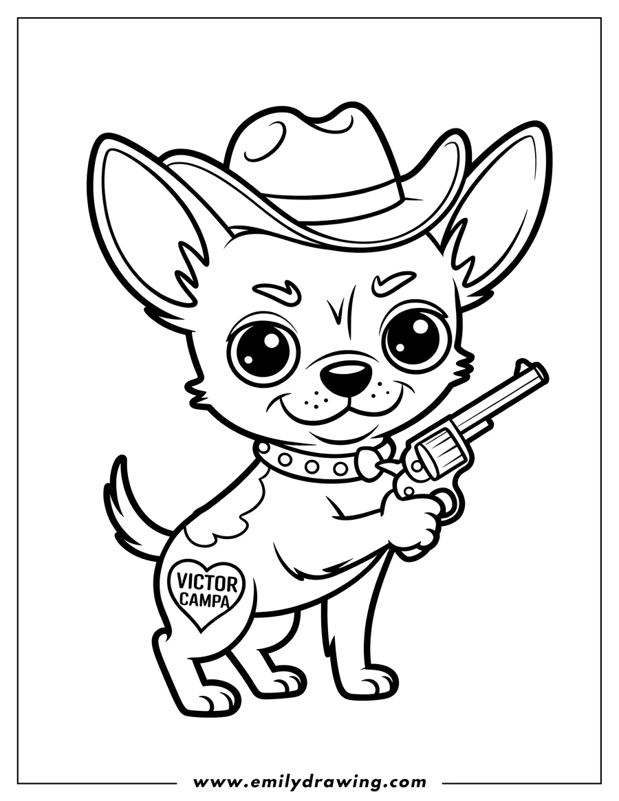Line art of a Chihuahua wearing a cowboy hat and holding a gun.  The dog has large, expressive eyes and a determined look.