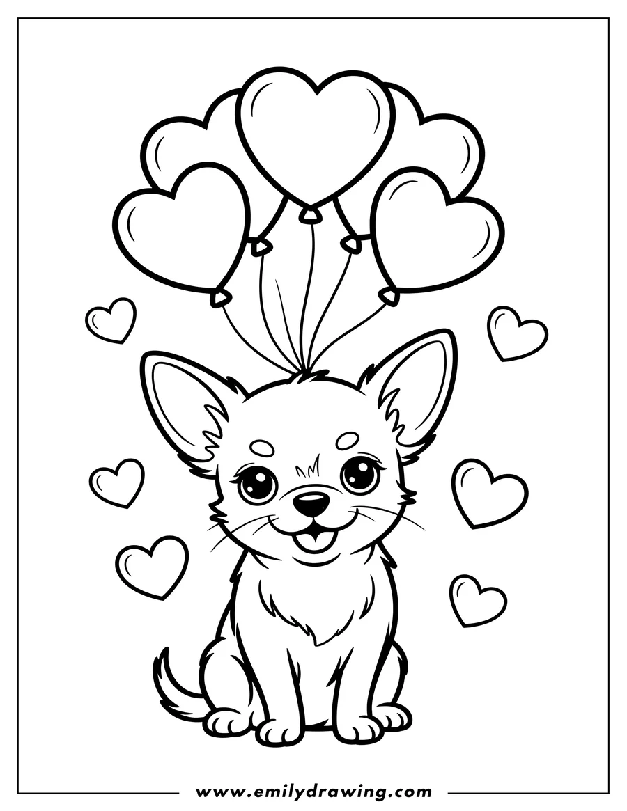 Outline of a Chihuahua sitting with a bunch of heart-shaped balloons.  Small hearts float around the dog.