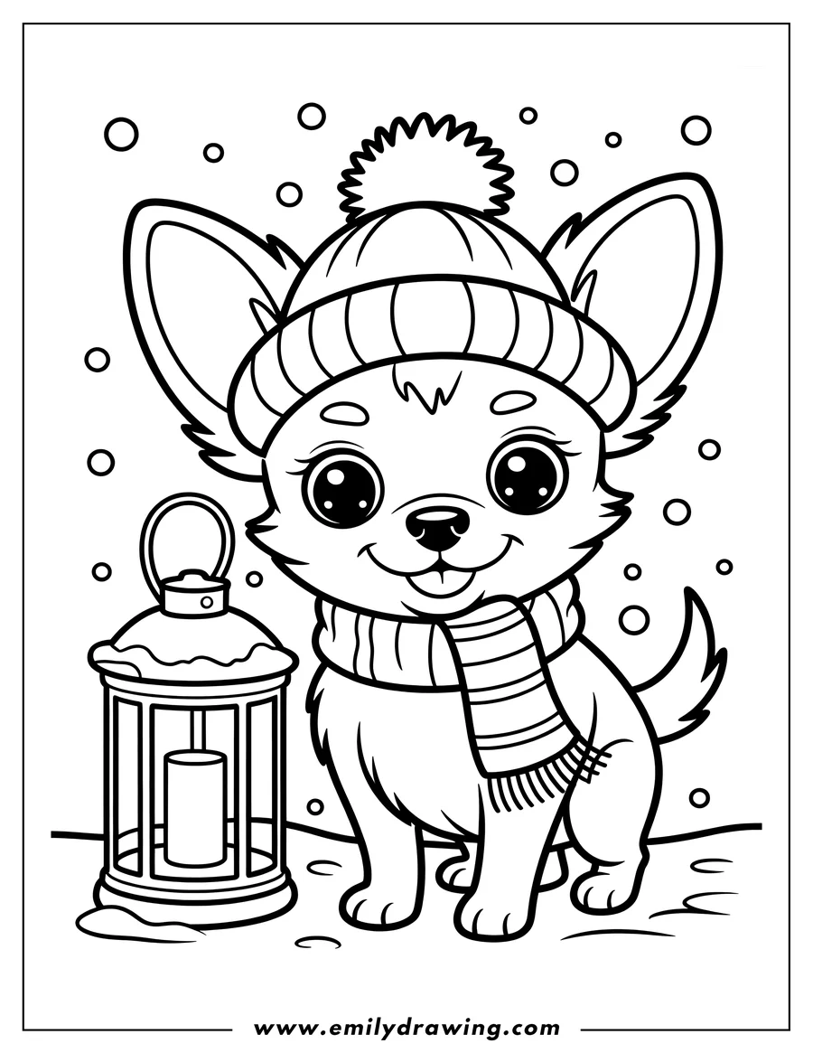 Outline of a chihuahua wearing a winter hat and scarf, standing next to a snow-covered lantern.