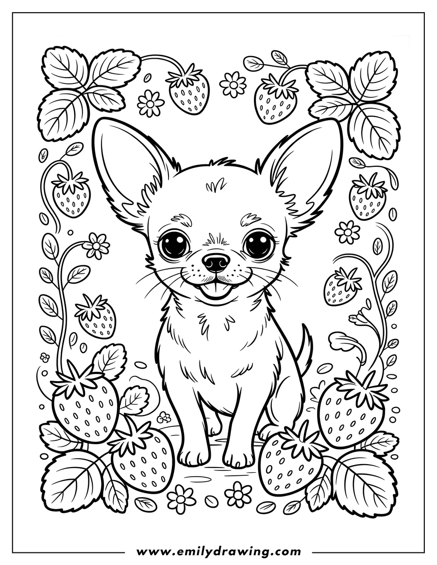 Line art of a chihuahua surrounded by strawberries and flowers.