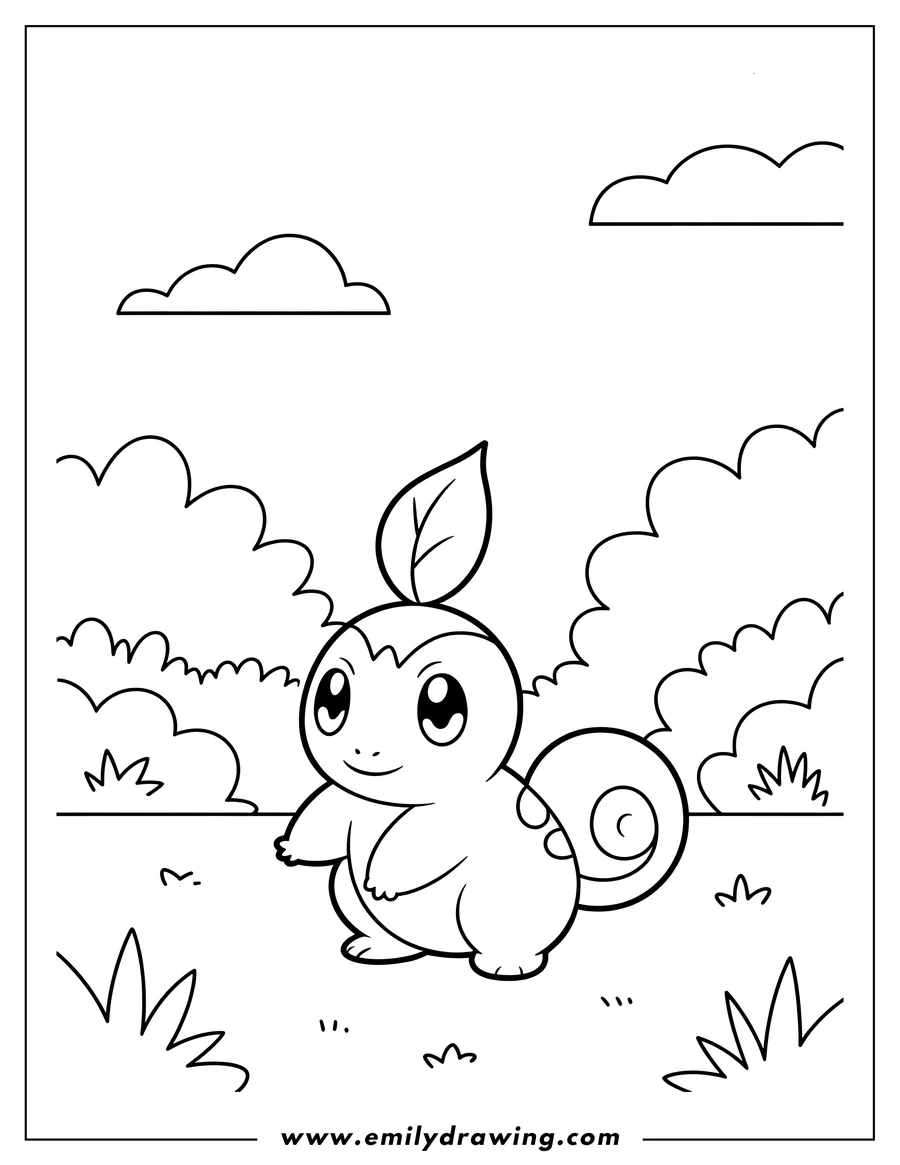 Line art of Chikorita, a small, grass-type Pokémon with a leaf on its head, standing in a grassy field with bushes and clouds in the background.