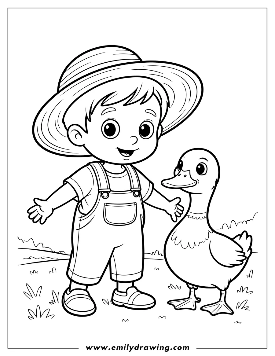 Line art of a child wearing overalls and a wide-brimmed hat standing next to a duck.