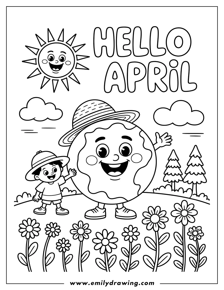 Line art of a child standing next to a smiling Earth wearing a hat, with flowers, trees, and a sun in the background. The words 'Hello April' are written above.