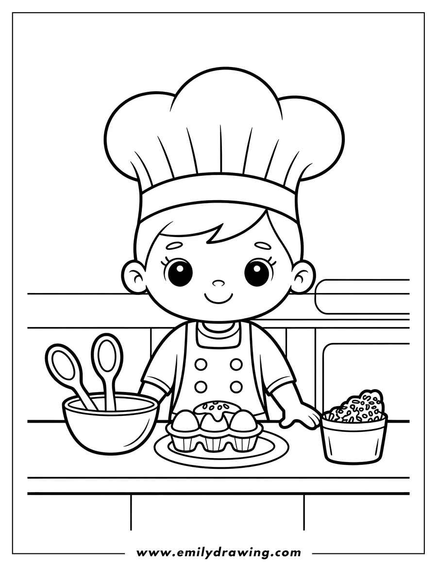 Outline of a young child dressed as a chef, standing at a counter preparing cupcakes with a bowl of spoons and ingredients.