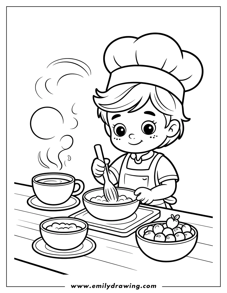 Line art of a happy child chef wearing a toque and apron, mixing batter in a bowl with a whisk on a wooden table, next to a steaming cup and fruit.