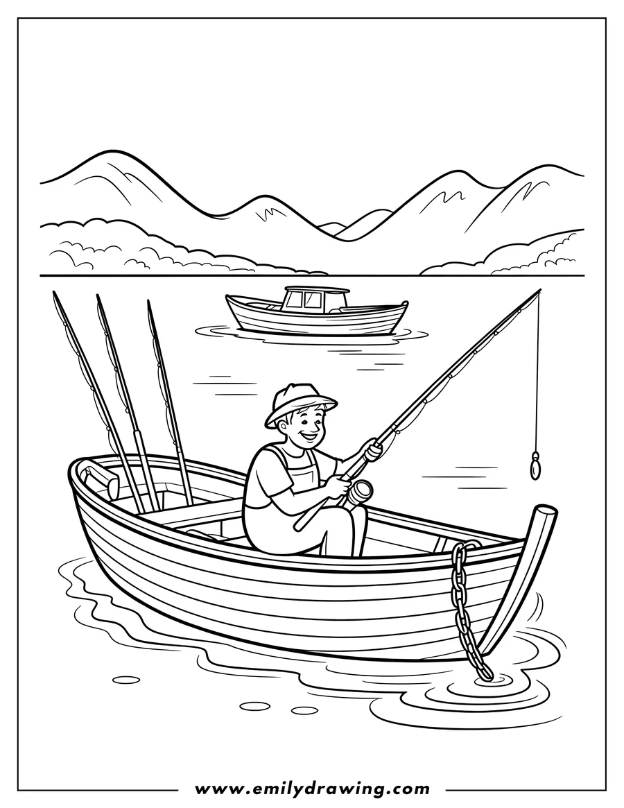 Outline of a child sitting in a small rowboat, fishing rod in hand, with a second, larger boat in the background on a calm lake.  Distant mountains are visible.