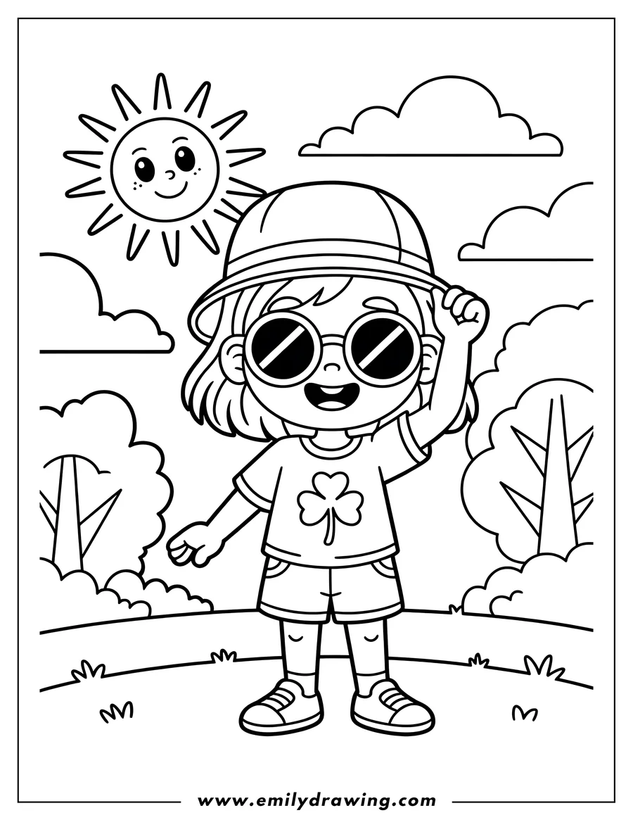 Outline of a cheerful child wearing a bucket hat and round sunglasses, standing outdoors among trees and grass, beside a large, friendly smiling sun.