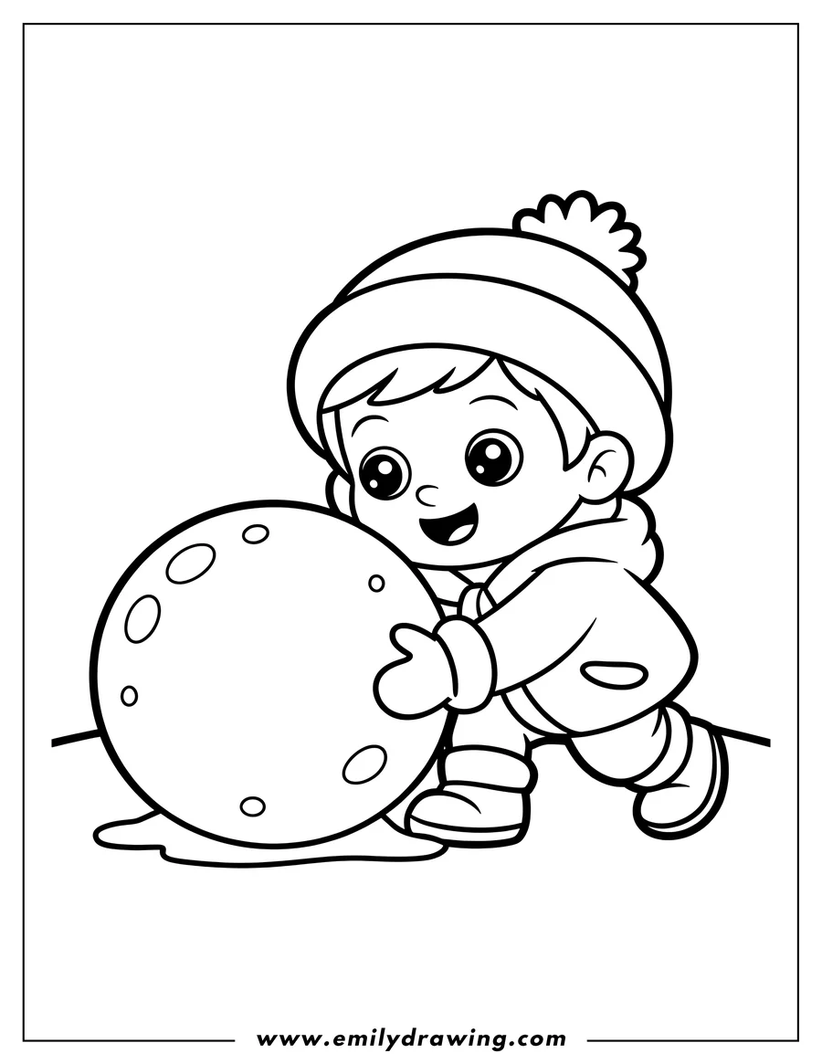 Outline of a young child in winter clothes, including a hat with a pom-pom, happily rolling a large snowball on the ground.