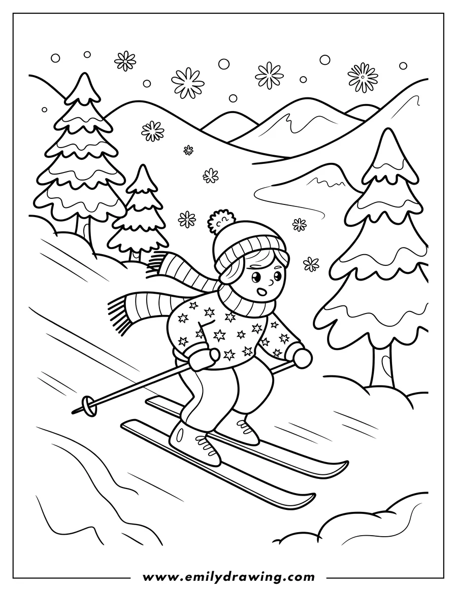 Line art of a child skiing down a mountain slope, surrounded by pine trees and falling snowflakes