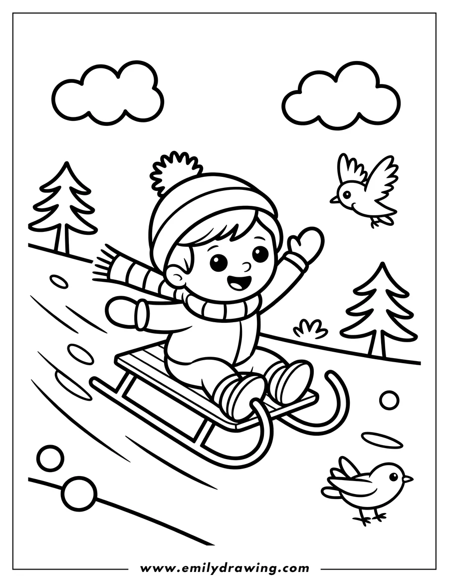 Line art of a child happily sledding down a snowy hill, wearing a winter hat, scarf, and gloves, with pine trees and birds in the background.